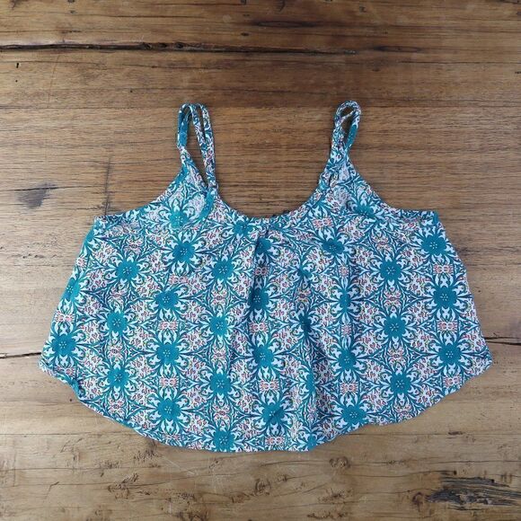 PAPER TEE TEAL FLORAL SPAGHETTI STRAP FULL ZIP CROP TOP SIZE SMALL - Picture 3 of 4